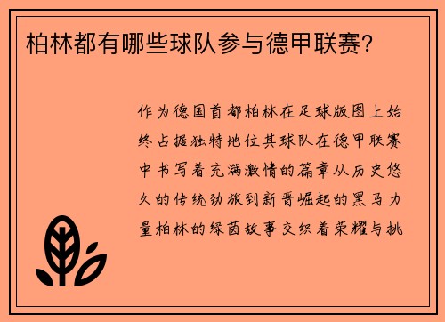 柏林都有哪些球队参与德甲联赛？