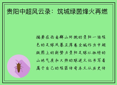 贵阳中超风云录：筑城绿茵烽火再燃